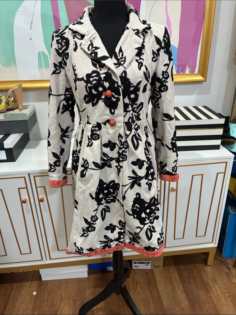 Women's Black & White Floral Coat with Coral Trim